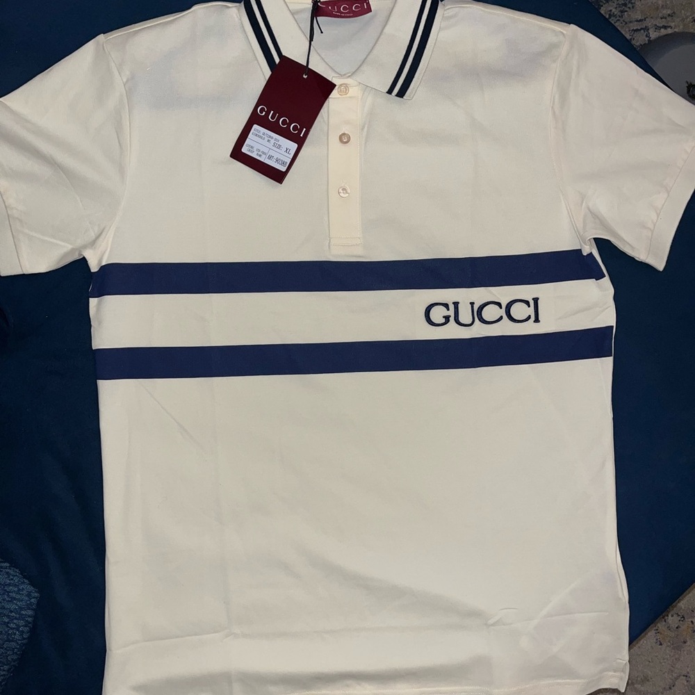 Gucci White Polo with Navy Stripes and Logo